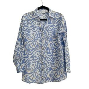 Nicole Miller New York Blue White Linen Abstract Shell Print Roll Tab Shirt S